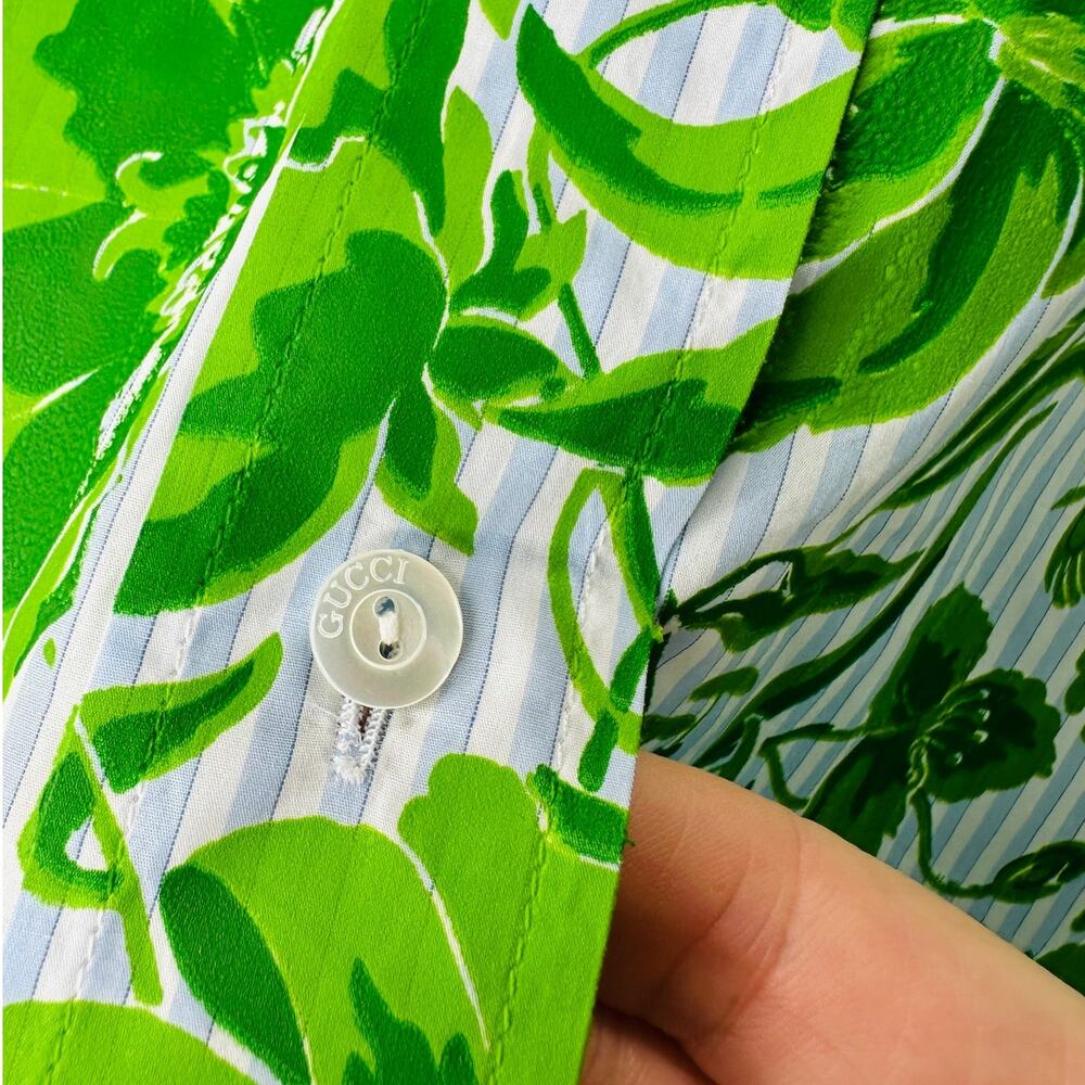 NWT Gucci Blue Green Stripe Floral Print Long Sleeve Button Collar Shirt 44 / L - Picture 13 of 16